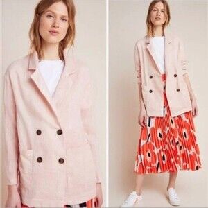 Anthropologie AMADI Kaye Metallic Pink Double Breasted Linen Cotton Blazer Sz. S